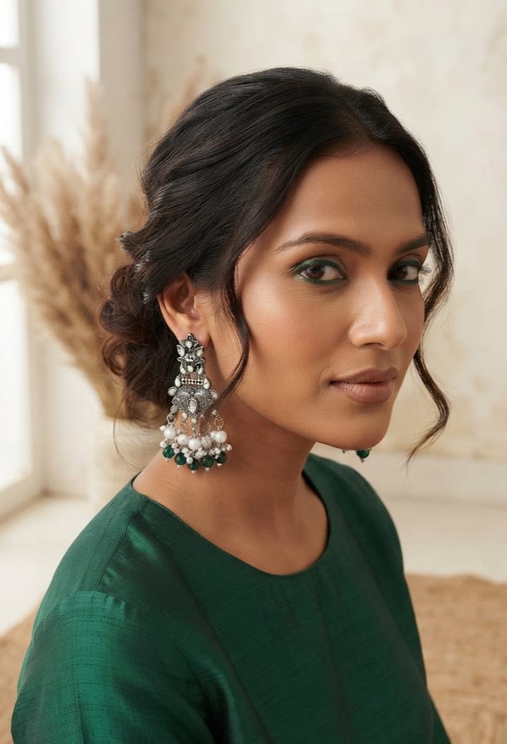 Oxidise Kundan Dangler (Bottle Green Crystal)