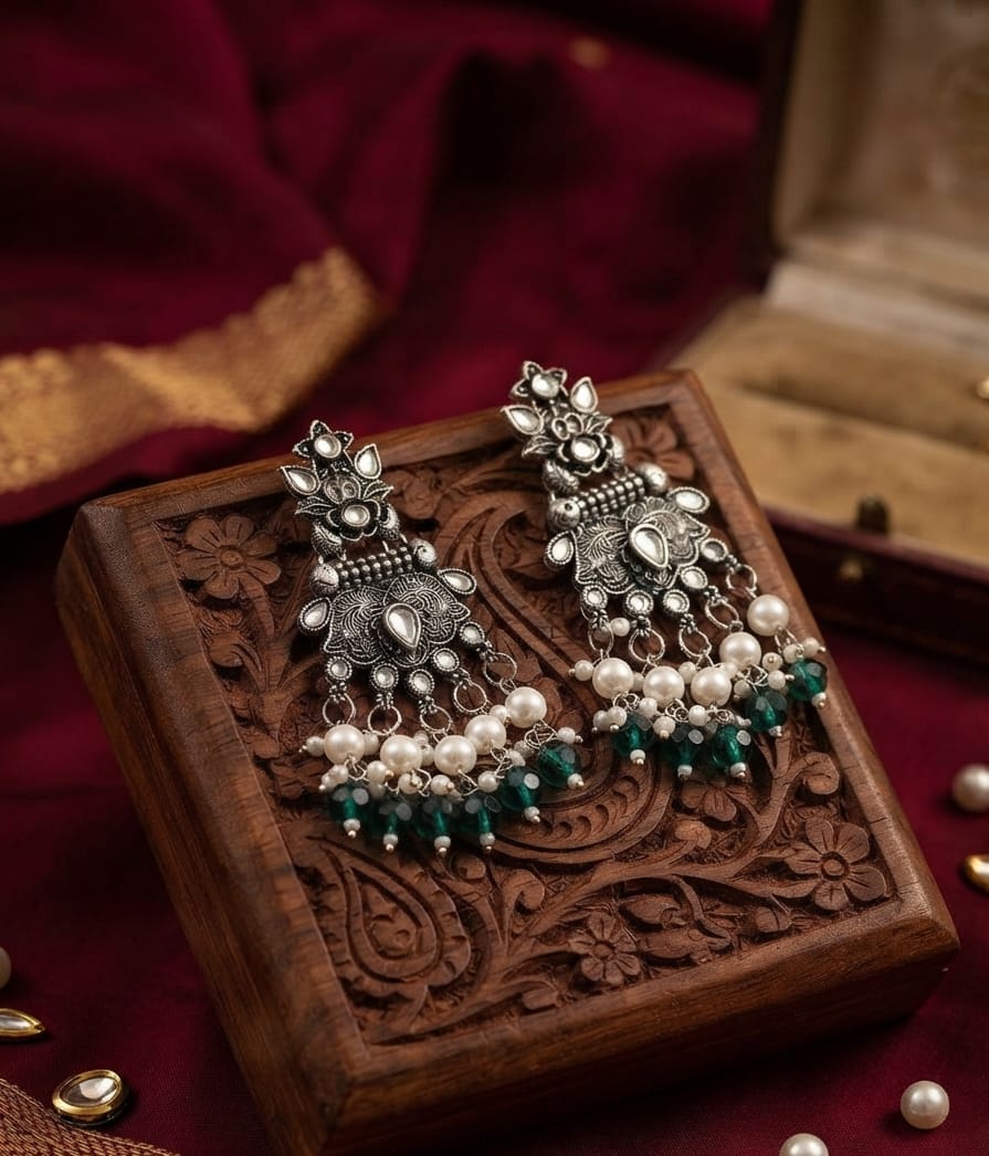 Oxidise Kundan Dangler (Bottle Green Crystal)