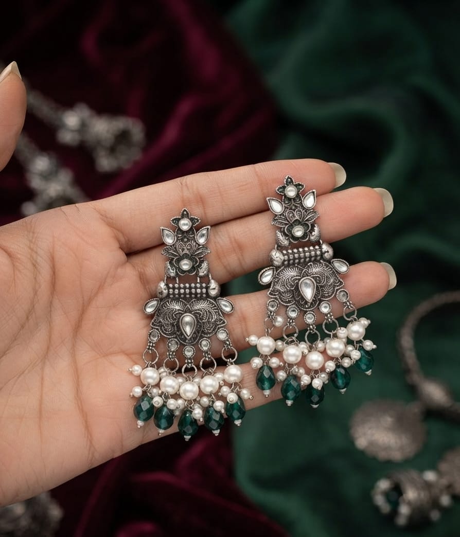 Oxidise Kundan Dangler (Bottle Green Crystal)