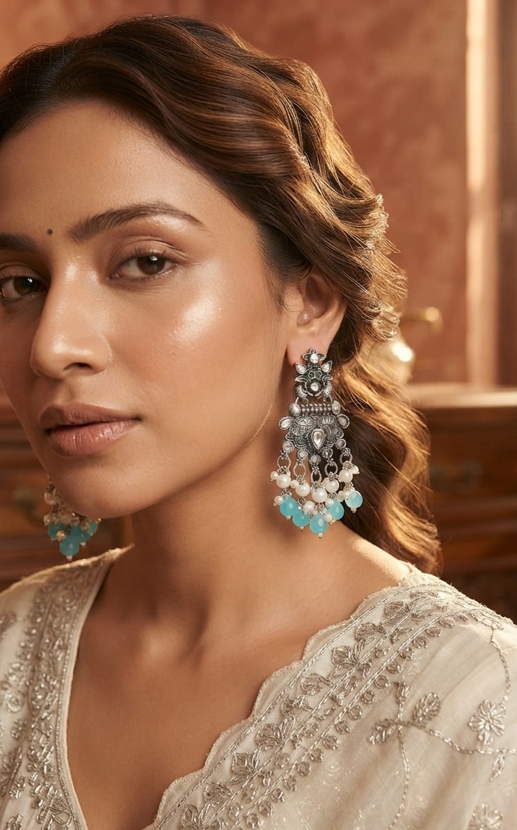 Oxidise Kundan Dangler (Light Blue Color)