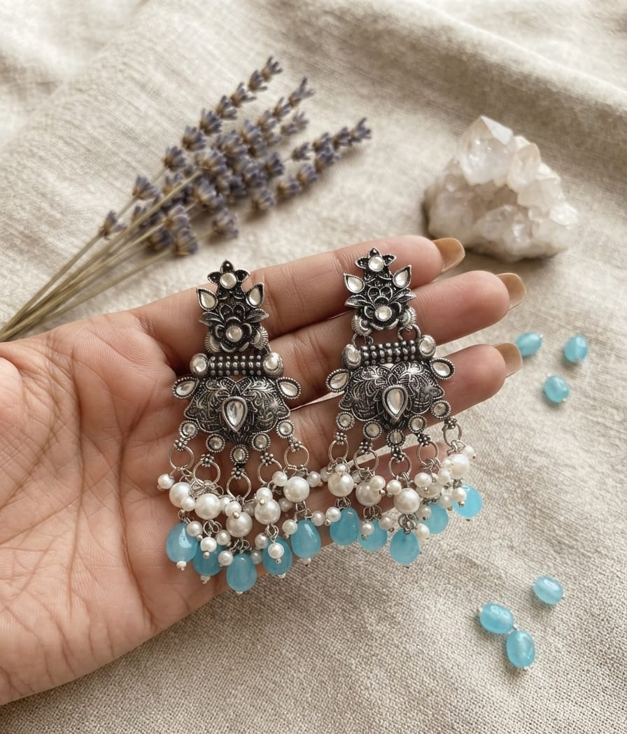 Oxidise Kundan Dangler (Light Blue Color)