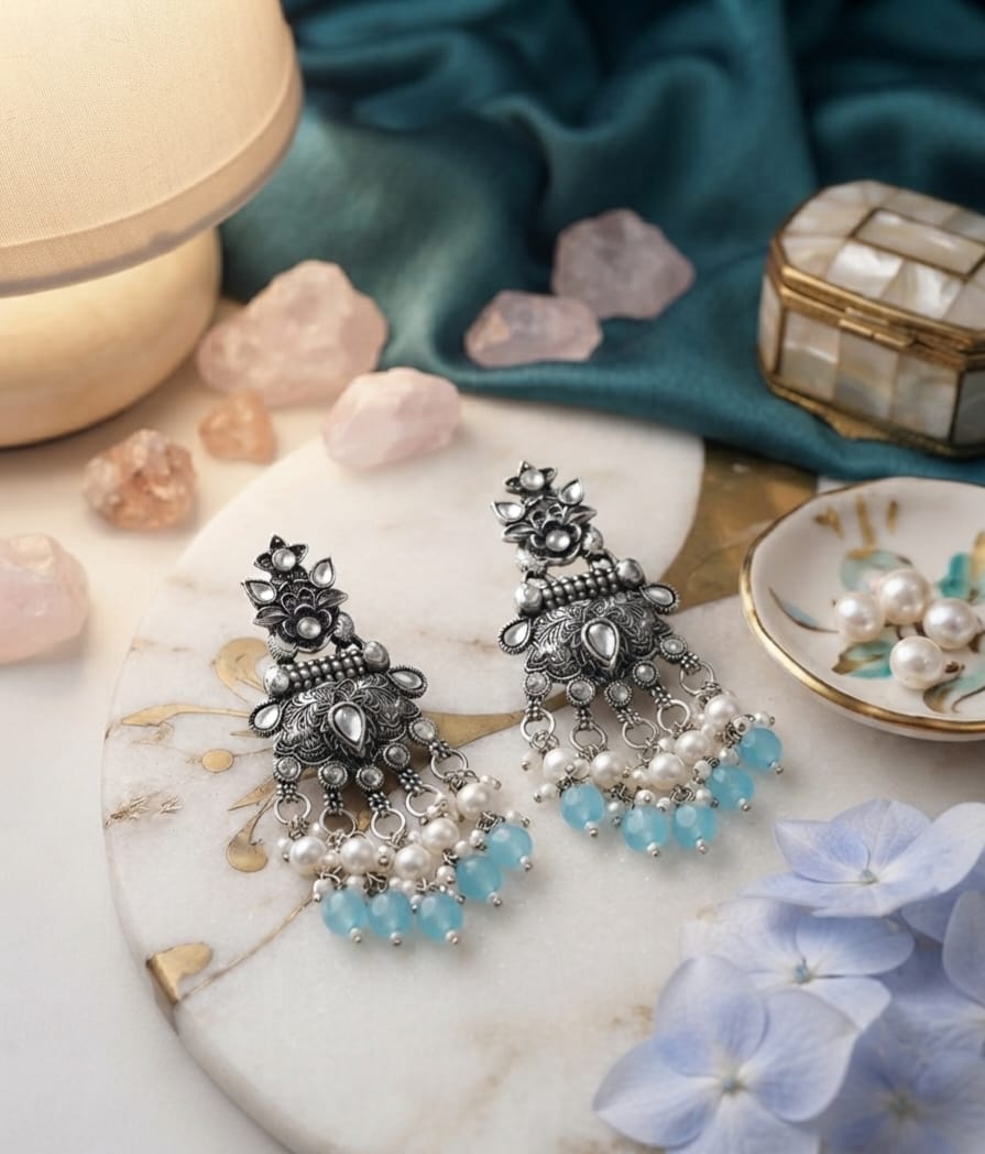 Oxidise Kundan Dangler (Light Blue Color)