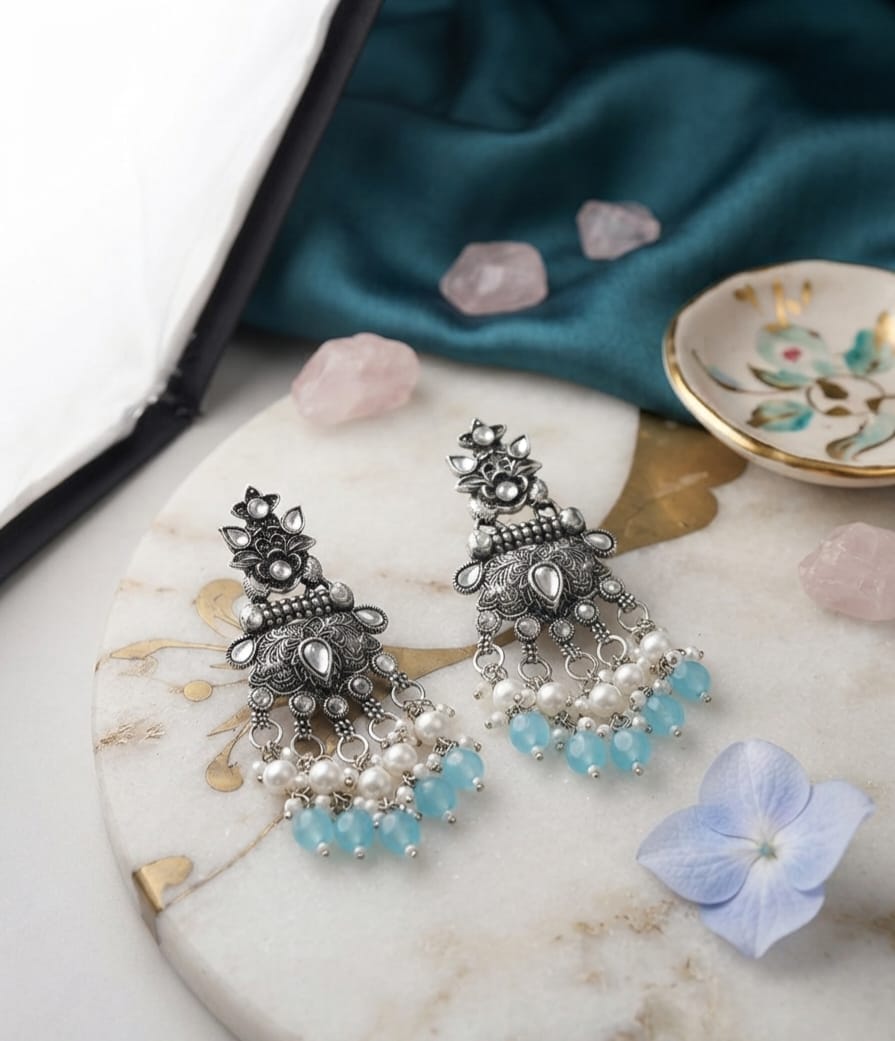 Oxidise Kundan Dangler (Light Blue Color)