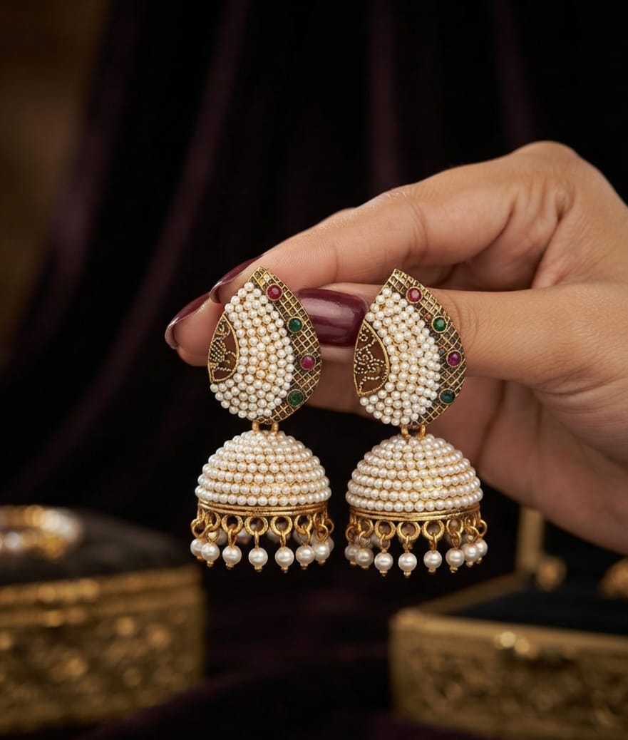Peacock Moti Jhumka (Badam Shape)