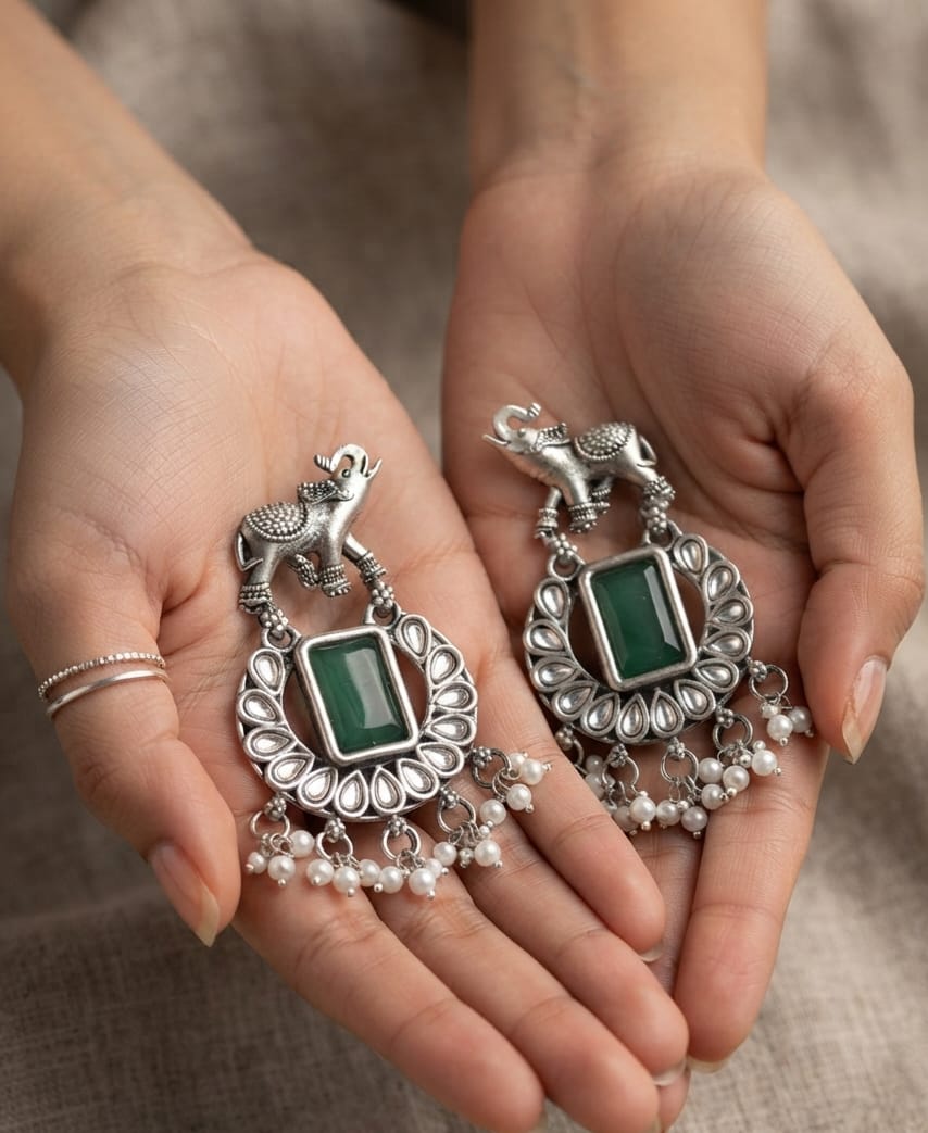 Oxidise Earring with Pearl Dangler (Elephant Design)