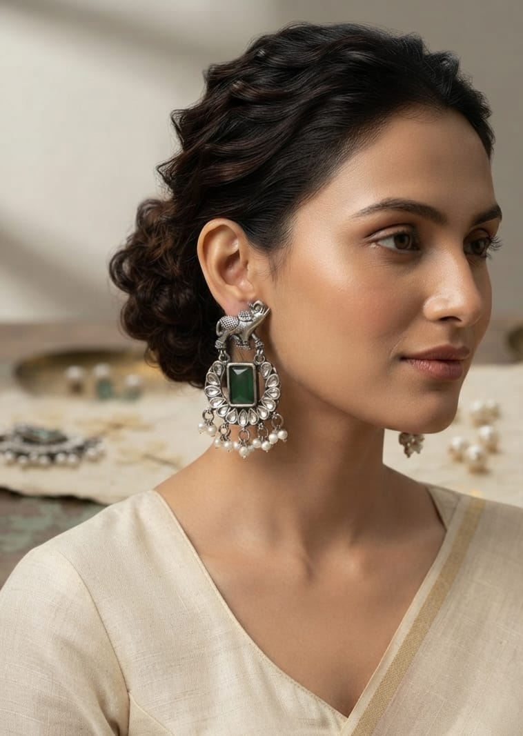 Oxidise Earring with Pearl Dangler (Elephant Design)