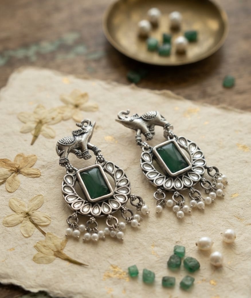 Oxidise Earring with Pearl Dangler (Elephant Design)