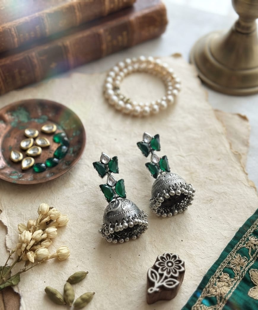 Butterfly Blue,Bottle Green,Multicolor Silver Jhumka