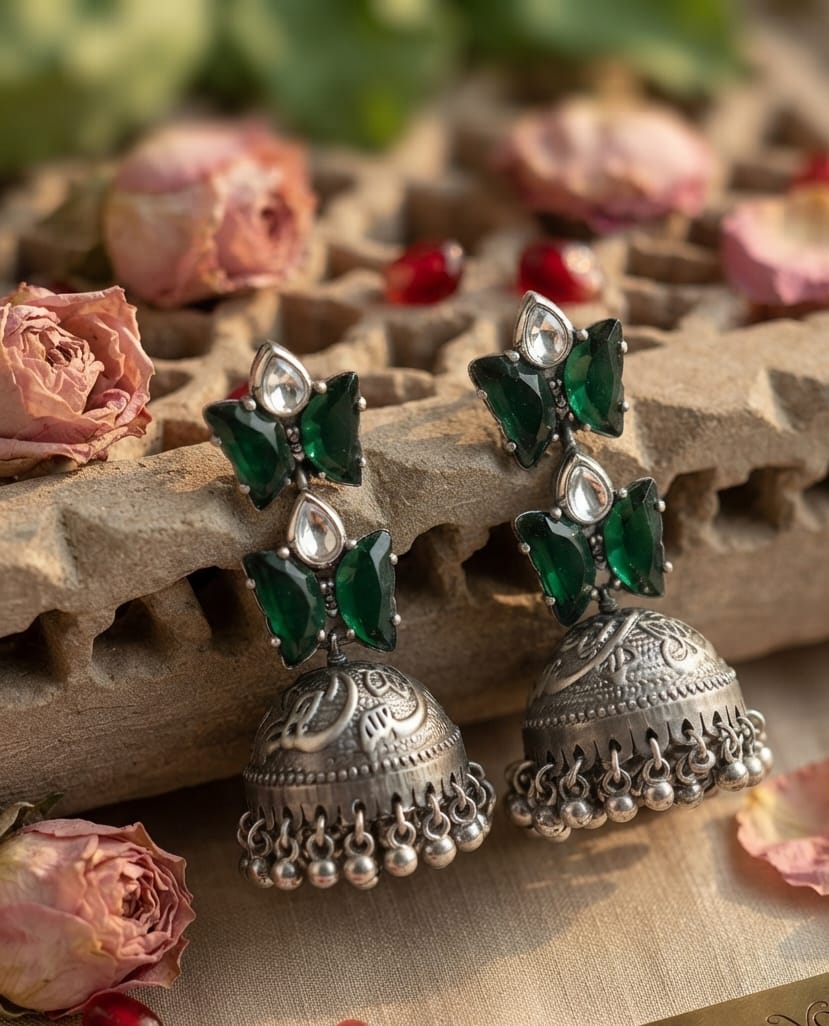 Butterfly Blue,Bottle Green,Multicolor Silver Jhumka