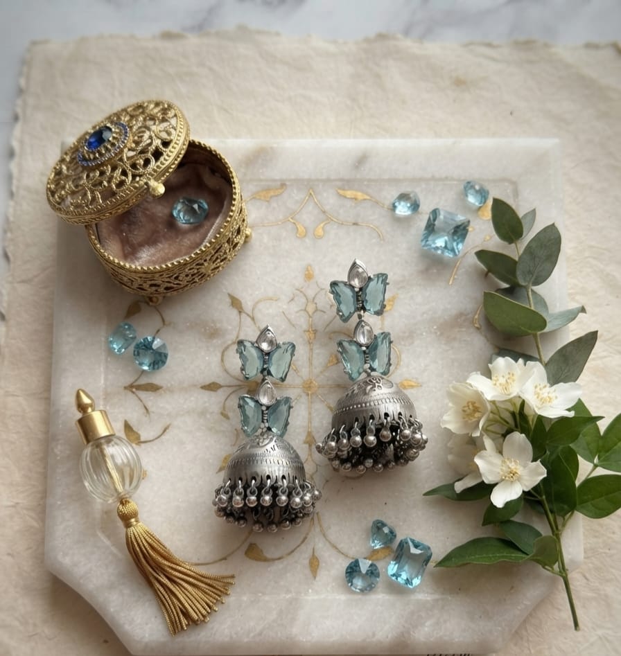 Butterfly Blue,Bottle Green,Multicolor Silver Jhumka