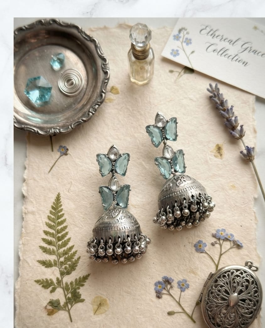 Butterfly Blue,Bottle Green,Multicolor Silver Jhumka