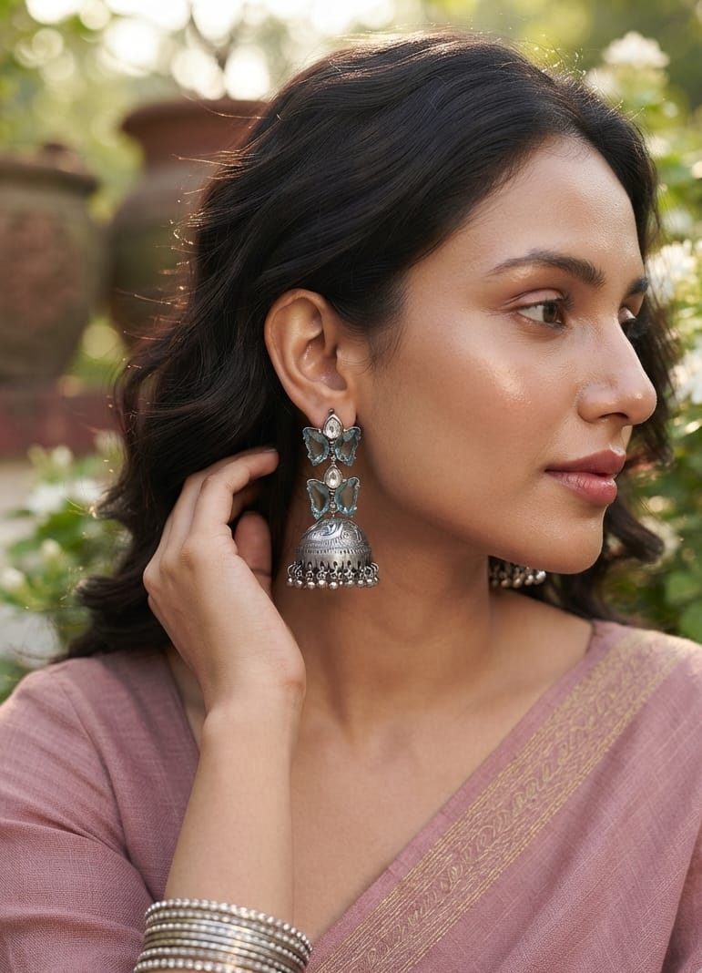 Butterfly Blue,Bottle Green,Multicolor Silver Jhumka