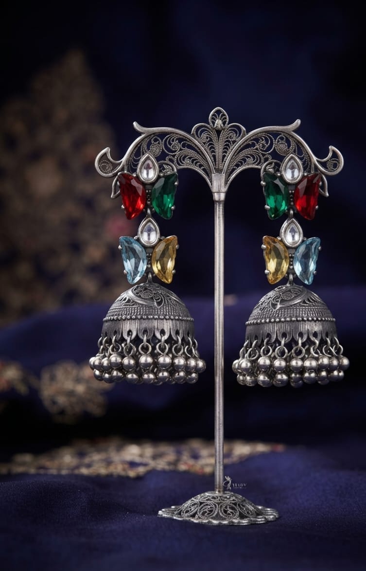 Butterfly Blue,Bottle Green,Multicolor Silver Jhumka