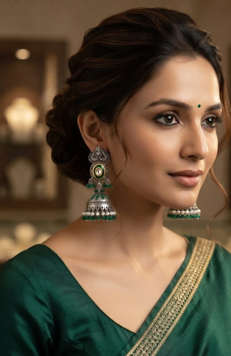 Oxidise Green and Red Matt Silver Jhumka