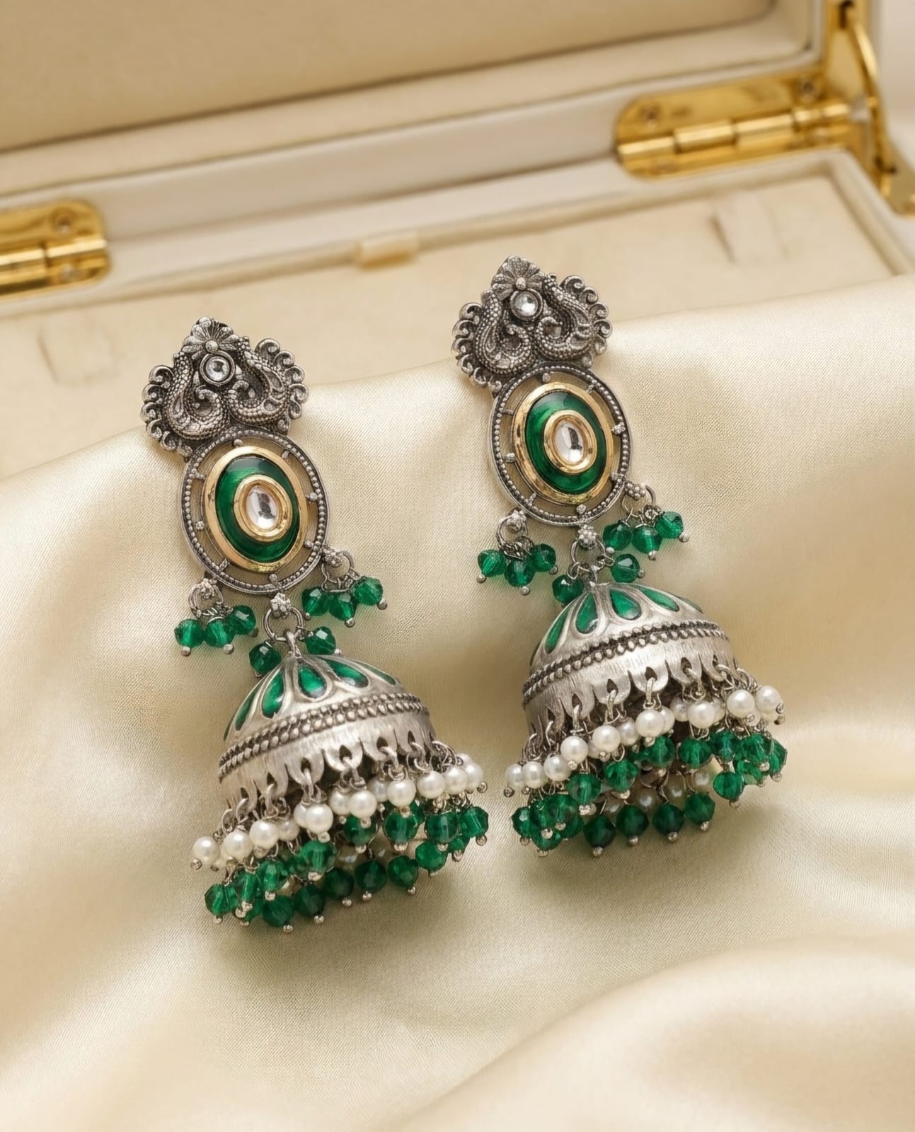 Oxidise Green and Red Matt Silver Jhumka