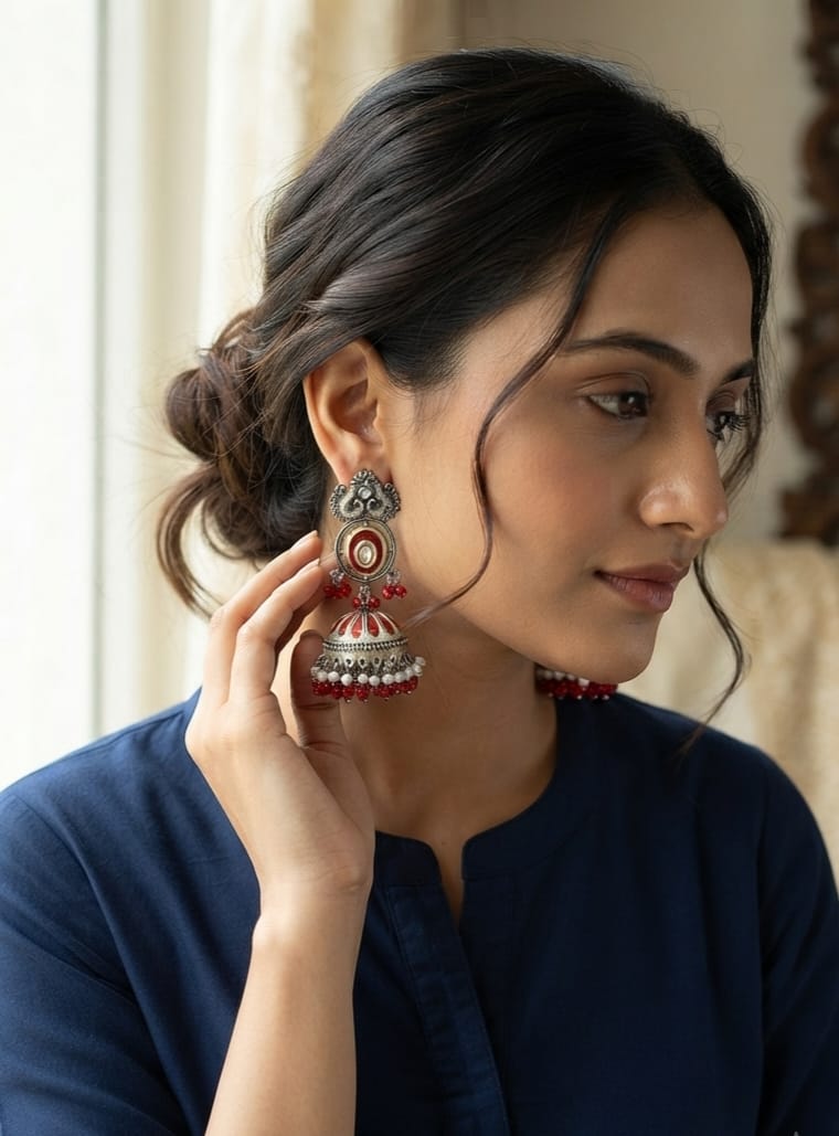 Oxidise Green and Red Matt Silver Jhumka