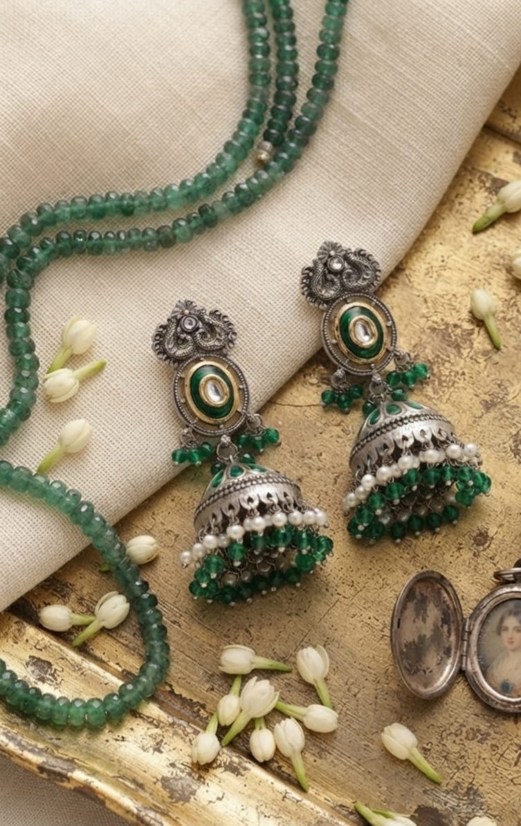 Oxidise Green and Red Matt Silver Jhumka