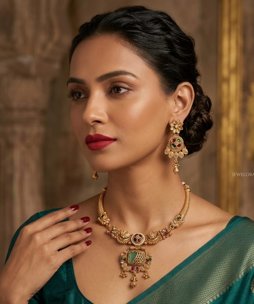Square Green Stone Rajwadi Choker 15