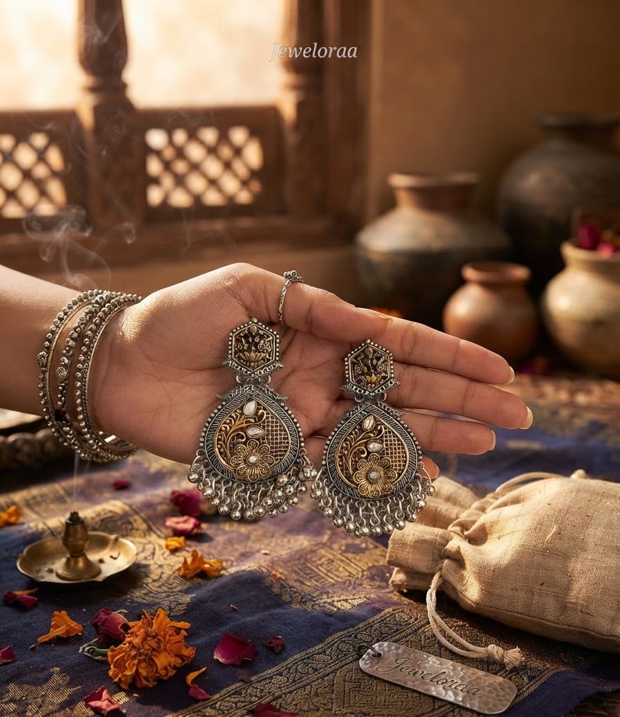 Oxidise Brass Laxmi Earring