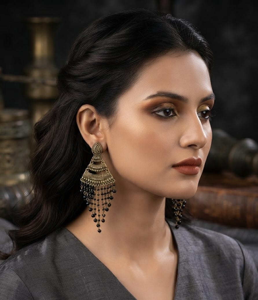 Oxidise white & Black Pearl Earring Dangler